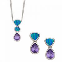 Silver Blue Lab Opal Triangle and Oval with Purple Color Pear Shape CZ Pendant and Earring Set