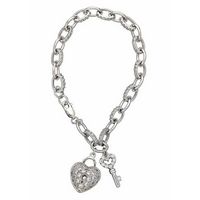 Oval Link with Heart Lock and Key with Clear CZ