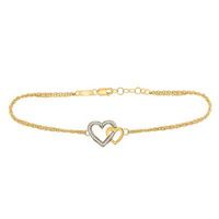 10k Yellow Gold Round Diamond Double Heart Bracelet 1/10 Cttw