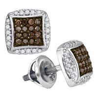 10k White Gold Round Brown Diamond Square Earrings 1/3 Cttw