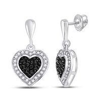 10k White Gold Round Black Diamond Heart Dangle Earrings 1/2 Cttw