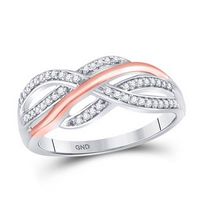 10k Two-tone White Rose Gold Round Diamond Crossover Strand Band Ring 1/5 Cttw
