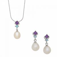 Amethyst and Blue Topaz w/White Topaz and Dangling Fresh Water Pearl Pendant and Earring Set