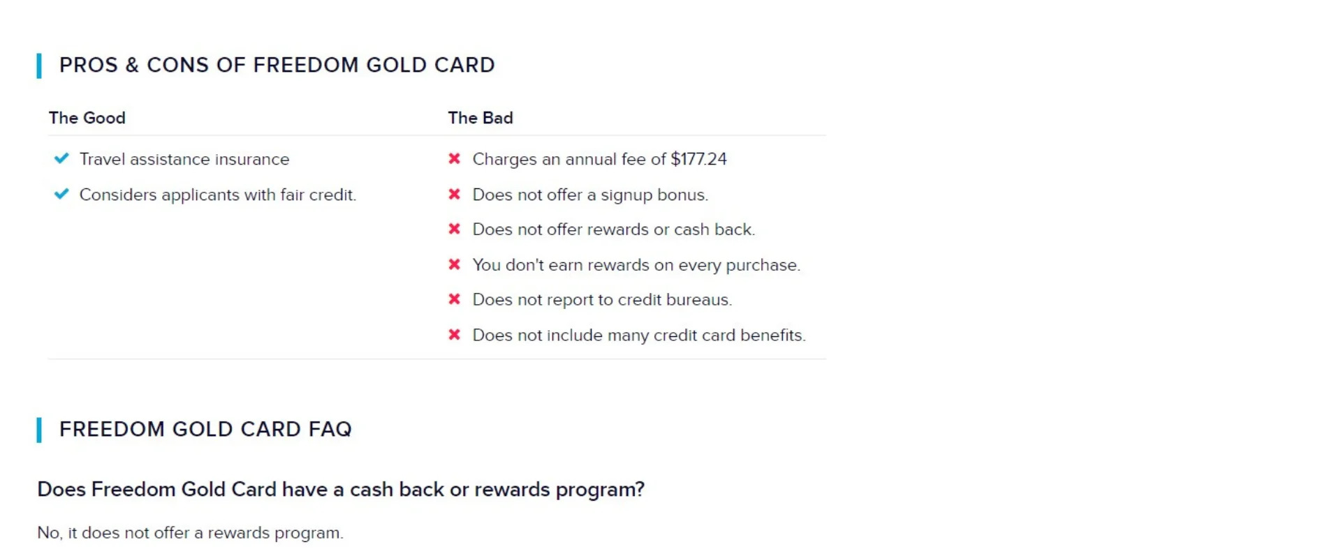 Pros of Freedom Gold Card