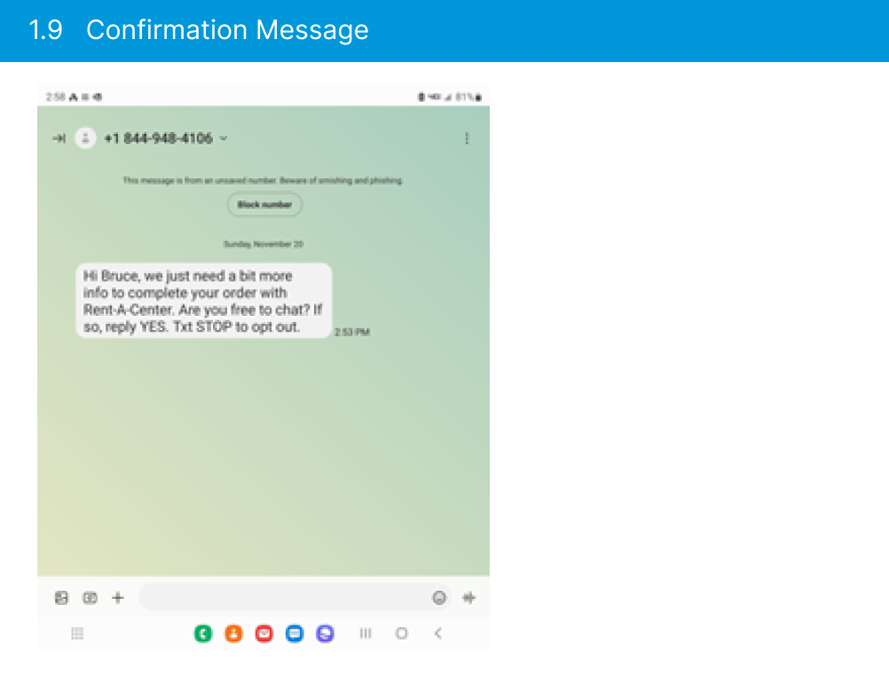 Rent A Center Text Confirmation Message